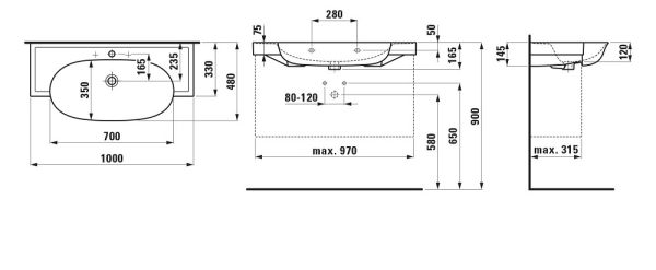 Laufen The New Classic Waschtisch 100x48cm 81385.7, techn. Zeichnung