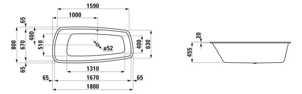 Laufen Palomba Einbau-Badewanne aus Sanitäracryl, 20mm Rand, 180x80cm, weiß, techn. Zeichnung