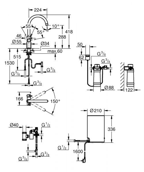 Grohe Red Duo Küchenarmatur, C-Auslauf, Armatur und Boiler Größe M, chrom