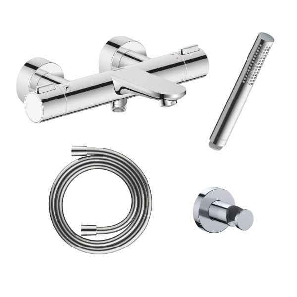 Duravit Wave Aufputz Wannenthermostat-Set inkl. Handbrause, Schlauch & Halter, chrom