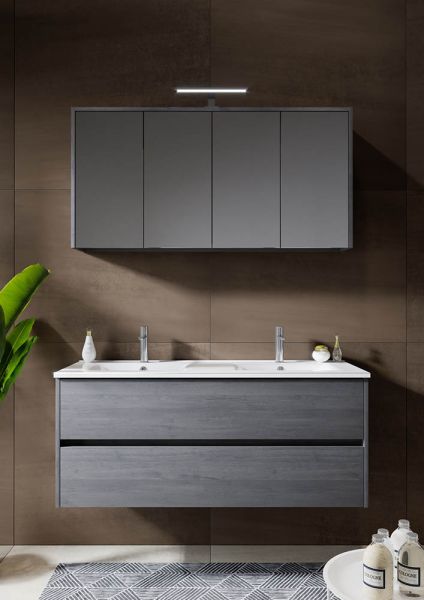RIHO Porto Square Doppelwaschtisch mit Unterschrank 120cm & Spiegelschrank mit LED Beleuchtung, eiche dunkelgrau F014073DP5