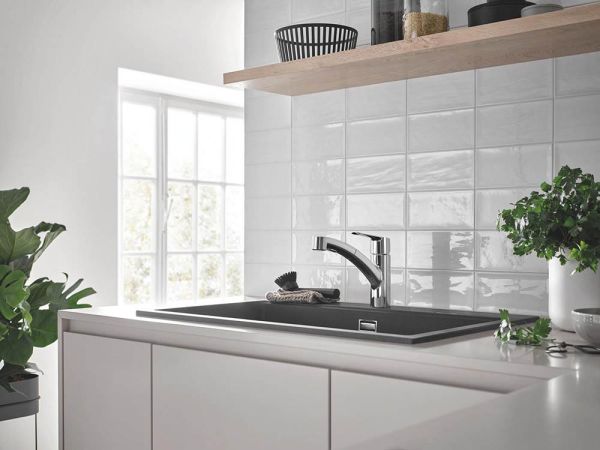 Grohe Start Küchen-Wasserhahn Niederdruck mit Dual Spülbrause, chrom