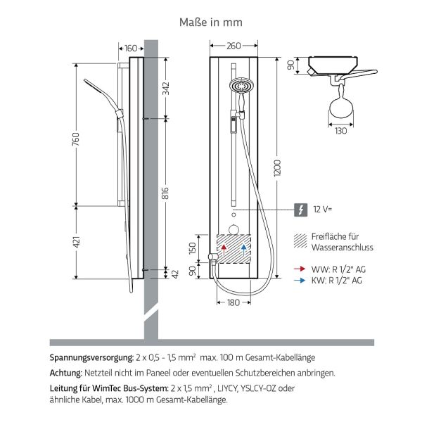 WimTec PROOF P6 HB HyPlus Duschpaneel 12V Netzbetrieb, edelstahl