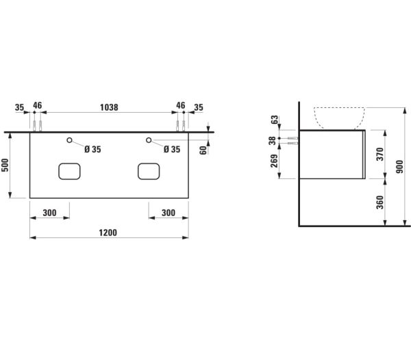 Laufen IL BAGNO ALESSI One Schubladenelement 1200, Hahnlöcher und Ausschnitte links & rechts