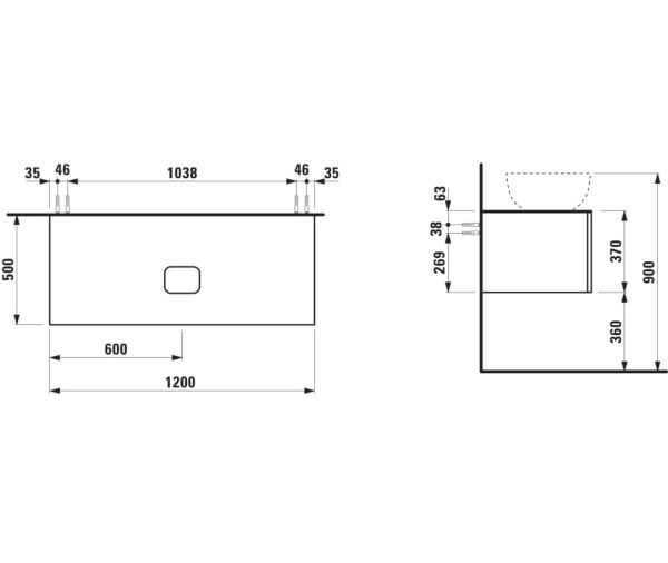 Laufen IL BAGNO ALESSI One Schubladenelement 1200, Ausschnitt Mitte, zu WT H818975/6/7/8