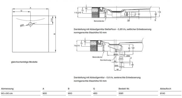 Bette BetteFloor Side Rechteck Duschwanne 90x90cm