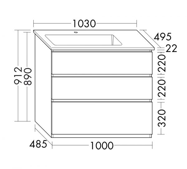 Burgbad Lin20 Keramik-Waschtisch mit Waschtischunterschrank, 3 Auszüge, bodenstehend, 103x49,5x62,2cm SGHI103LF5351C0001