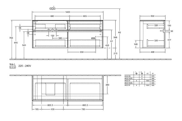 Villeroy&Boch Collaro Waschtischunterschrank passend zu Aufsatzwaschtisch 43345G, 140cm, technische Zeichnung