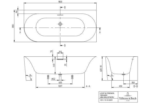 Villeroy&Boch Loop&Friends Oval Duo Vorwand-Badewanne, rechte Ausführung, 180x80cm technische Zeichnung