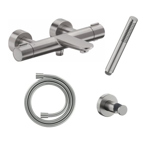 Duravit Wave Aufputz Wannenthermostat-Set inkl. Handbrause, Schlauch & Halter, edelstahl gebürstet