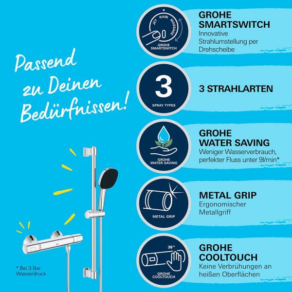 Grohe QuickFix Precision Trend Thermostat-Brausebatterie mit Brausestange 60cm, Handbrause, chrom