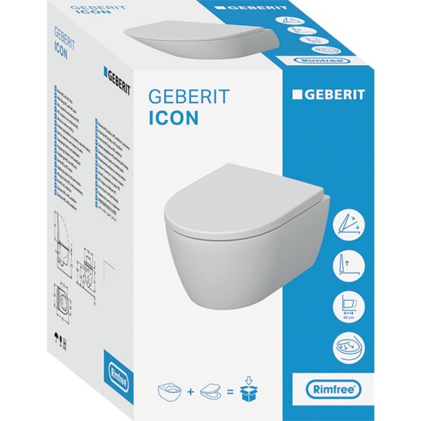 Geberit iCon Set Wand-WC Tiefspüler, verkürzte Ausladung, Rimfree, mit WC-Sitz, weiß