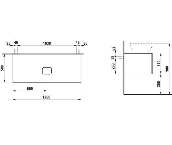 Laufen IL BAGNO ALESSI One Schubladenelement 1200, Ausschnitt Mitte, zu Waschtisch H818975/6/7/8