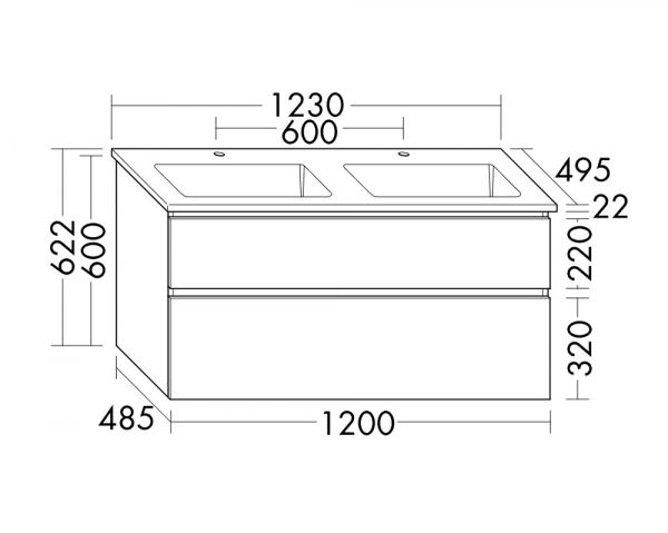 Burgbad Lin20 Keramik-Doppelwaschtisch mit Waschtischunterschrank, wandhängend, 123x49,5cm SGHL123F5351C0001