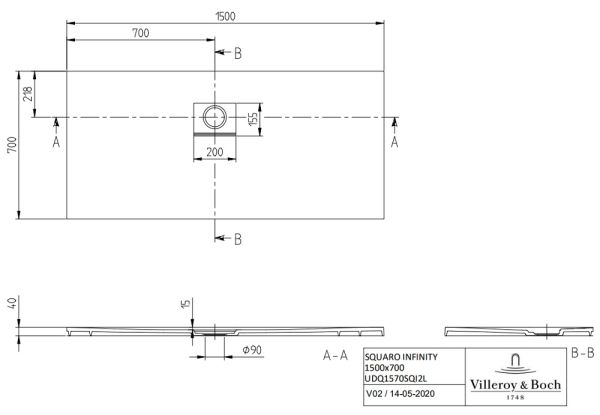 Villeroy&Boch Squaro Infinity Quaryl®-Duschwanne, Eckeinbau links gegen Wand, 150x70cm UDQ1570SQI2LV-1S