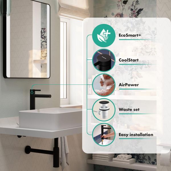 hansgrohe Zesis S Wasserhahn 230 CoolStart für Aufsatzwaschtische, Zugstangengarnitur, schwarz matt