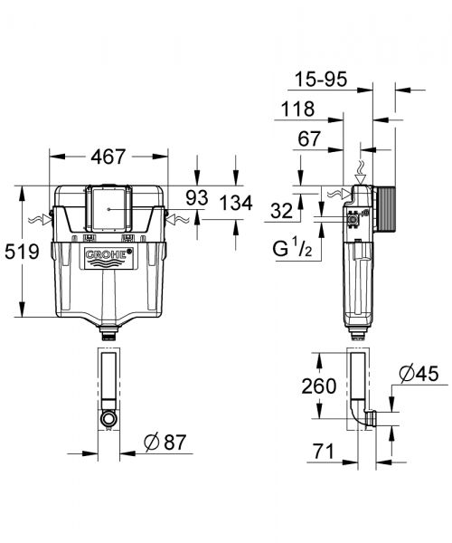 Grohe Spülkasten GD 2 für WC Wandeinbau, 6-9l einstellbar Start/Stopp o. 2 Mengen