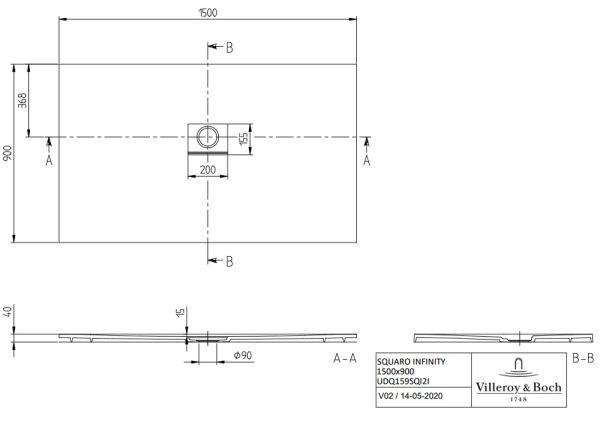 Villeroy&Boch Squaro Infinity Quaryl®-Duschwanne, flächenbündiger Einbau, 150x90cm techn. Zeichnung