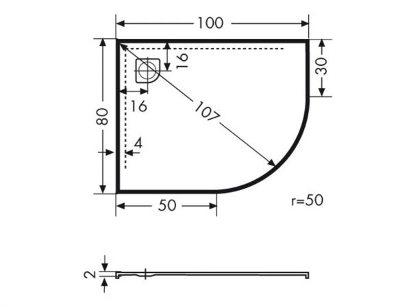 Polypex RONDO 100x80 links Viertelkreis-Duschwanne 100x80x2cm