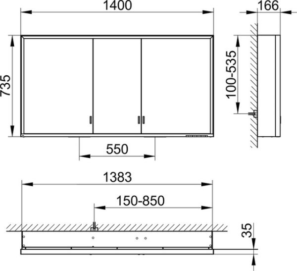 Keuco Royal Lumos Spiegelschrank für Wandvorbau, 3 lange Türen, DALI-steuerbar 140x73,5cm 14306172303