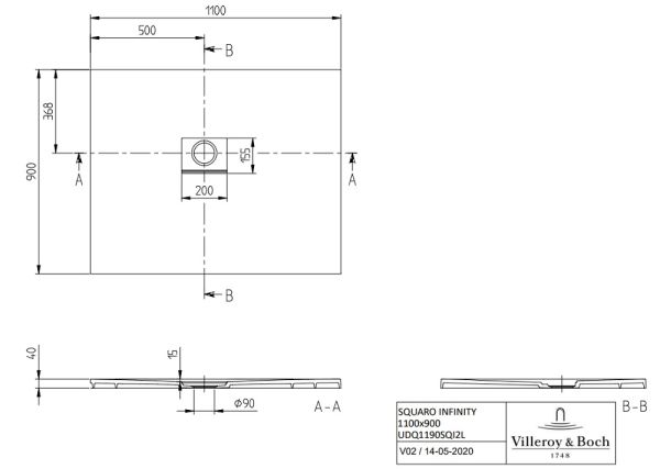 Villeroy&Boch Squaro Infinity Quaryl®-Duschwanne, Eckeinbau links gegen Wand, 110x90cm