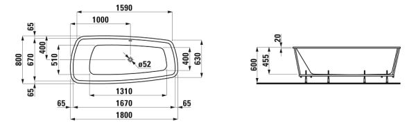 Laufen Palomba Einbau-Badewanne aus Sanitäracryl, 20mm Rand, inkl. Fußgestell, 180x80cm, weiß, techn. Zeichnung