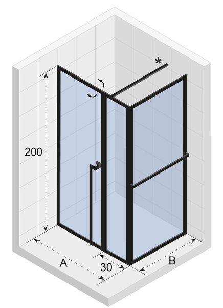 RIHO Lucid 203 Fixteil mit Pendeltür und Seitenwand 110x90cm, Eckeinstieg, schwarz