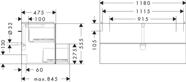 Hansgrohe Xevolos E Waschtischunterschrank 118x47,5cm für Waschtisch, 2 Schubkästen