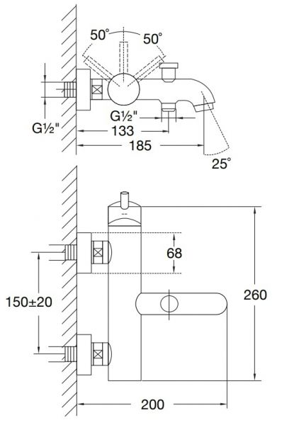 Steinberg Serie 100 Aufputz-Einhebelmischer ½“ für Wanne, Ausladung 185mm