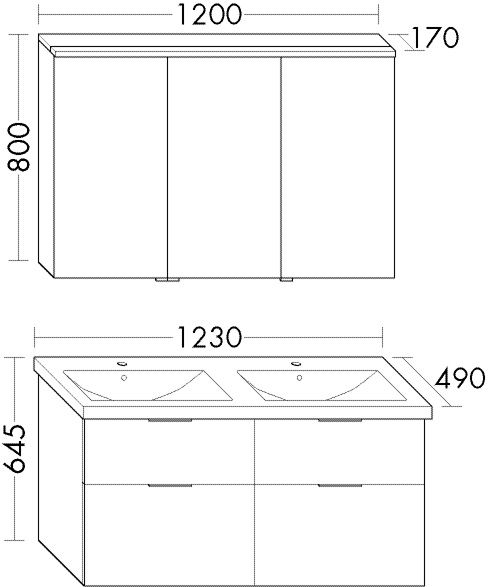 Burgbad Eqio Badmöbel-Set 123cm, Spiegelschrank, Keramik-Doppelwaschtisch und WT-Unterschrank