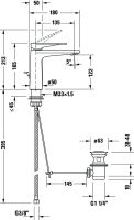 Vorschau: Duravit Tulum Einhebel-Waschtischmischer Fresh-Start mit Zugstangen-Ablaufgarnitur, chrom, TU1021001010. techn. Zeichnung