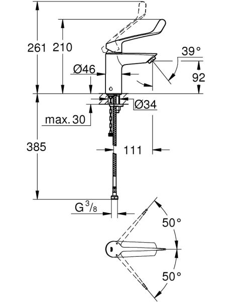 Grohe Eurosmart Einhand-Waschtischbatterie S-Size mit Verbrühschutz, langer Hebelgriff, chrom