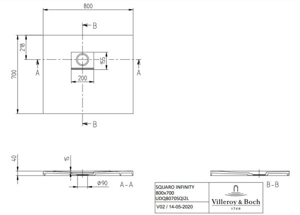 Villeroy&Boch Squaro Infinity Quaryl®-Duschwanne, Eckeinbau links gegen Wand, 80x70cm
