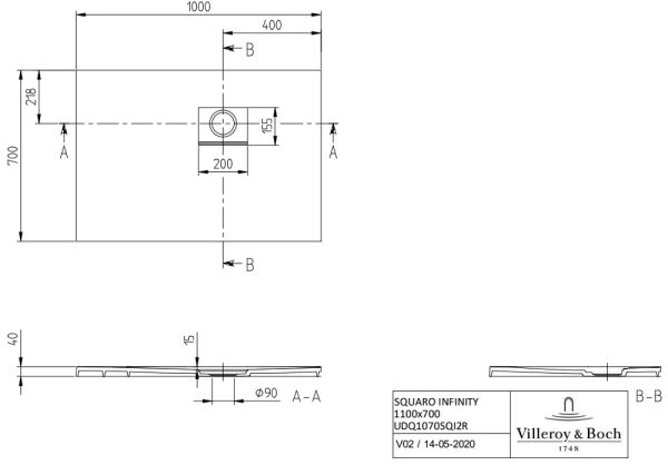 Villeroy&Boch Squaro Infinity Quaryl®-Duschwanne, Eckeinbau rechts gegen Wand, 100x70cm, technische Zeichnung