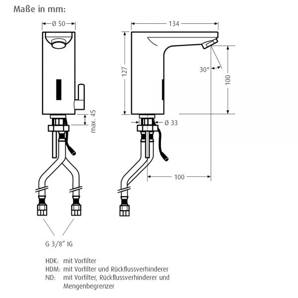 WimTec LOFT ND 9 V Berührungslose Niederdruck-Waschtischarmatur mit Mischer, Batteriebetrieb, chrom