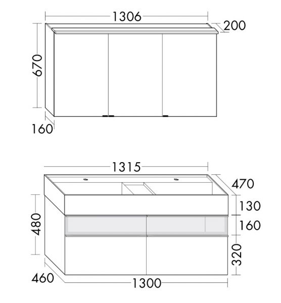 Burgbad Yumo Badmöbel-Set 131,5cm, Spiegelschrank, Mineralguss-Doppelwaschtisch und WT-Unterschrank