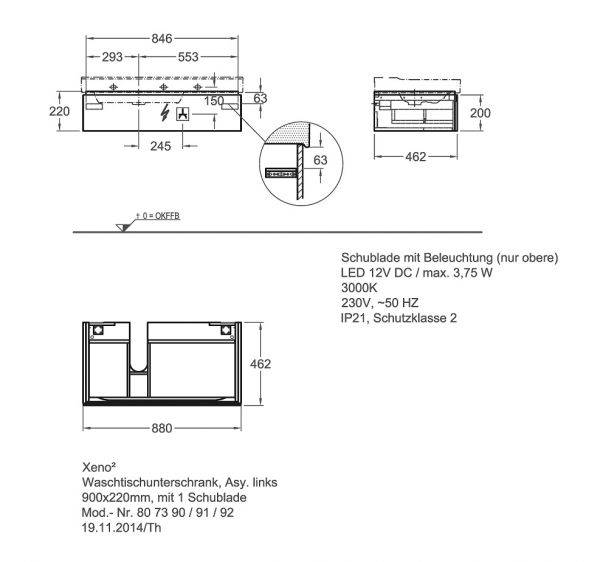 Geberit Xeno² Waschtischunterschrank 88x22cm mit 1 Schublade, Siphonausschnitt links