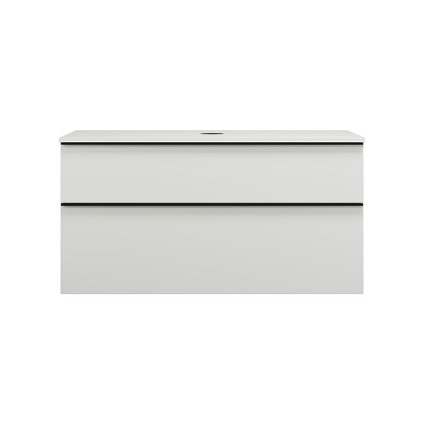 Burgbad Eqio Waschtischunterschrank für Aufsatzwaschtisch 120x55cm, mit Konsolenplatte, 2 Auszüge weiß matt Griffleiste schwarz matt WXXH120F6582G0252