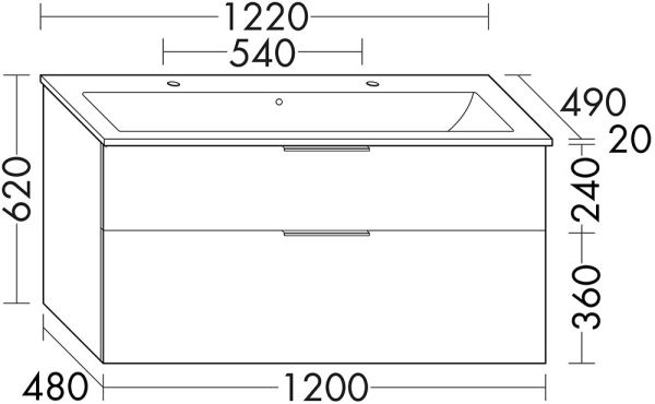 Burgbad Eqio Slim Keramik-Waschtisch mit 2 Hahnlöcher & Unterschrank 122cm