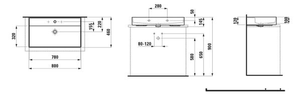 Kartell by Laufen Aufsatzwaschtisch wandmontiert, mit Standardablauf, 100x46cm, techn. Zeichnung wandmontiert