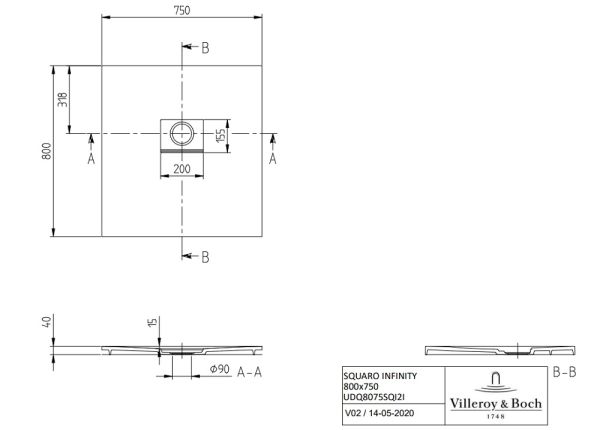 Villeroy&Boch Squaro Infinity Quaryl®-Duschwanne, flächenbündiger Einbau, 80x75cm, technische Zeichnung