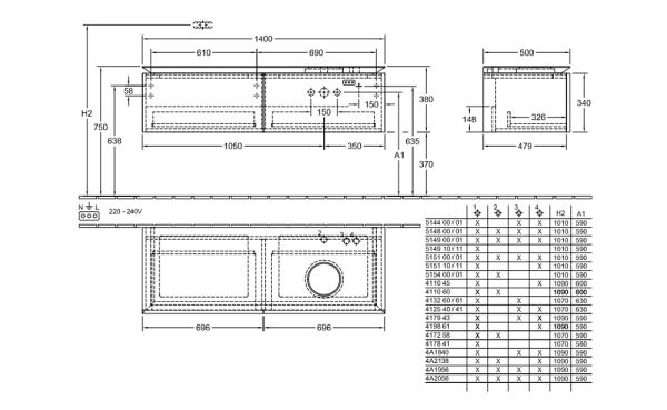 Villeroy&Boch Legato Waschtischunterschrank 140x50cm für Aufsatzwaschtisch, 2 Auszüge B58900DH1