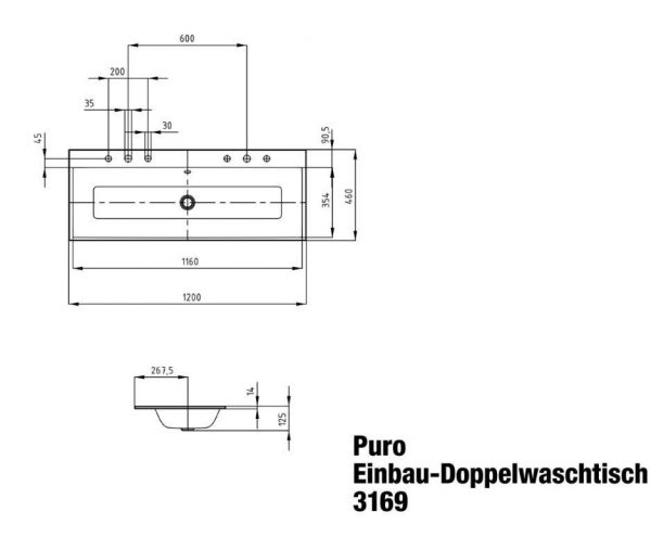 Kaldewei Puro Einbau-Doppelwaschtisch mit Überlauf, 120x46x14cm, weiß Perl-Effekt Mod.3169