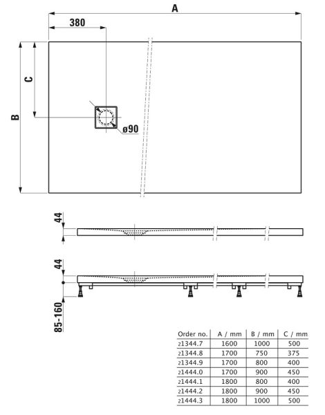 Laufen Solutions Marbond Duschwanne 160x100x4,4cm superflach, rechteckig, Ablauf seitlich, weiß