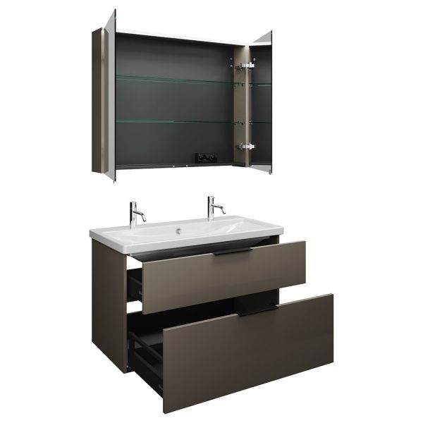 Burgbad Eqio Badmöbel-Set 103cm, Spiegelschrank, Keramik-Doppelwaschtisch und WT-Unterschrank