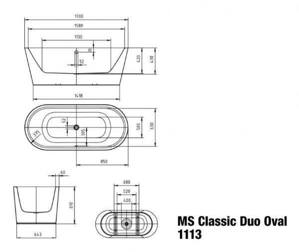 Kaldewei Meisterstück Classic Duo Oval freistehende Badewanne 170x75cm, weiß Mod.1113