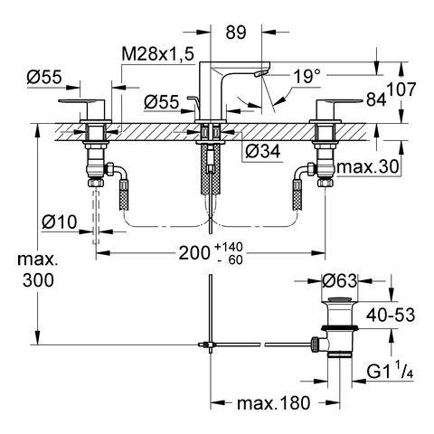 Grohe Eurosmart Cosmopolitan 3-Loch-Waschtischbatterie mit Ablaufgarnitur, chrom