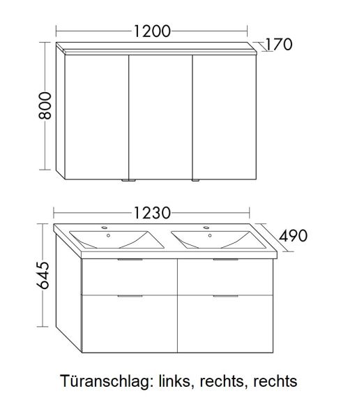 Burgbad Eqio Badmöbel-Set 123cm, Spiegelschrank, Doppelwaschtisch und Unterschrank