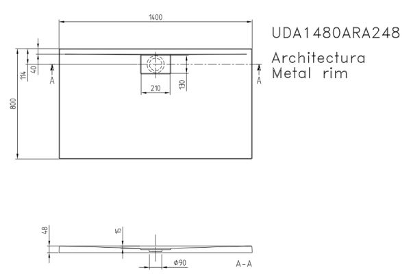 Villeroy&Boch Architectura MetalRim Duschwanne inkl. Antirutsch (VILBOGRIP),140x80cm, techn. Zeichnung