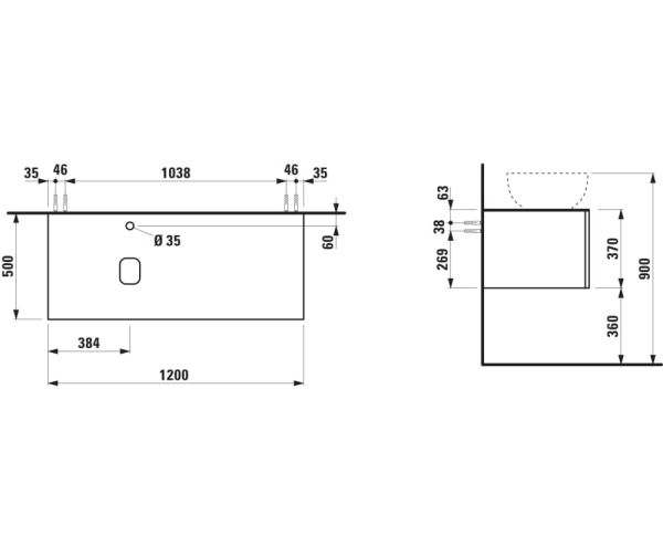 Laufen IL BAGNO ALESSI One Schubladenelement 1200, Hahnloch, Ausschnitt links, zu WT H818974